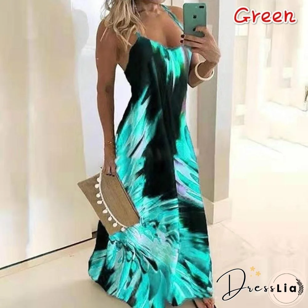 Plus Size Fashion Clothes Summer Dresses Women's Casual Sleeveless Halter Party Dress Ladies Deep V-neck Floral Printed Beach Wear Maxi Dress