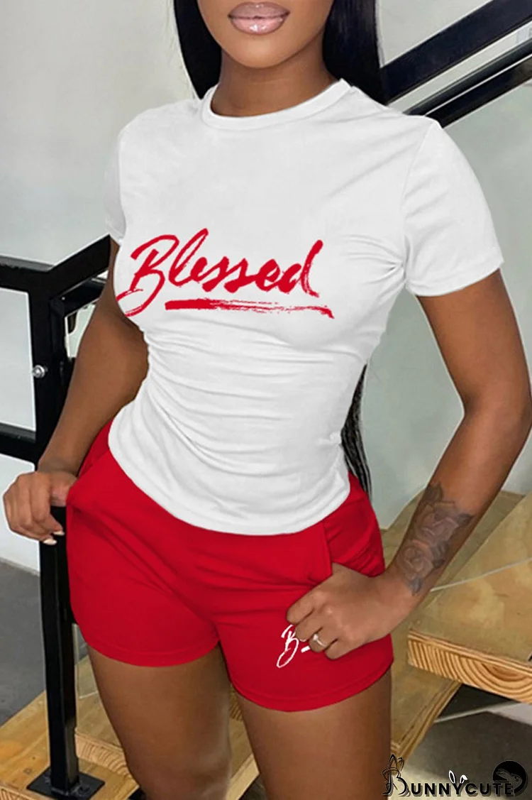 White Red Casual Letter Print Basic O Neck Short Sleeve Two Pieces