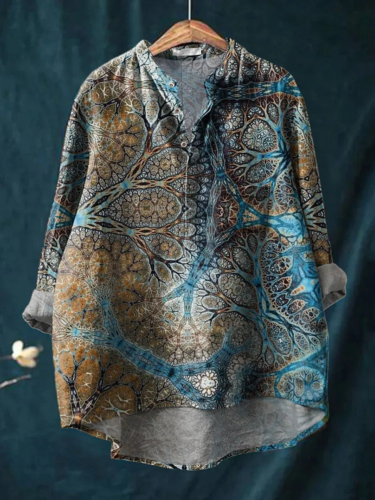 Ethnic Abstract Art Printed Women's Casual Long Sleeve Comfortable Cotton Shirt
