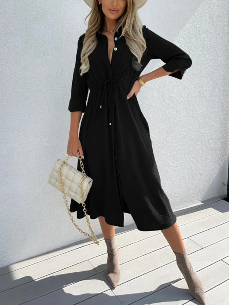 Women's New  Temperament Commuter Single-breasted A-line Skirt Solid Color Lace-up Waist Mid-sleeve Dress