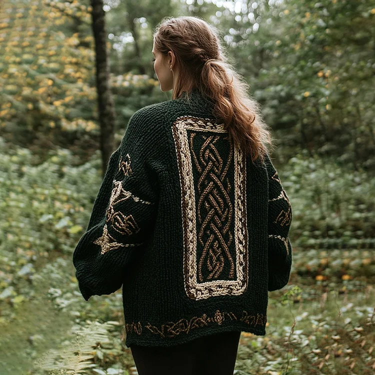 Vintage Women's Irish Celtic Knot Knitted Cozy Jacquard Cardigan