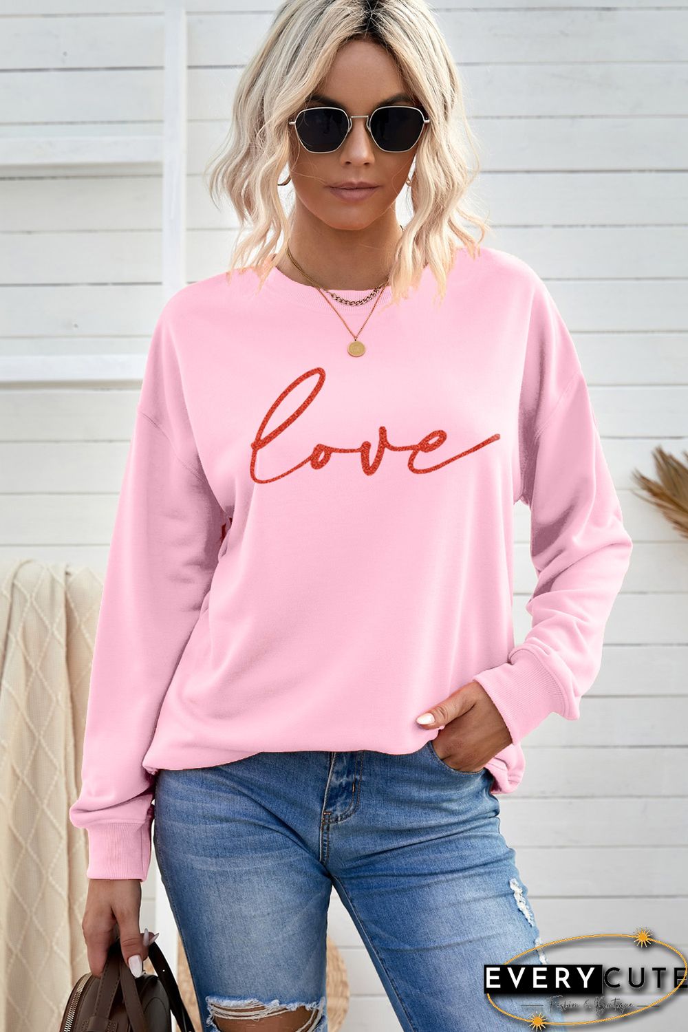 Pink Love Glitter Pattern Print Crew Neck Sweatshirt