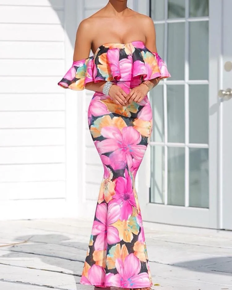 Floral Print Ruffle Strapless Fishtail Maxi Dress