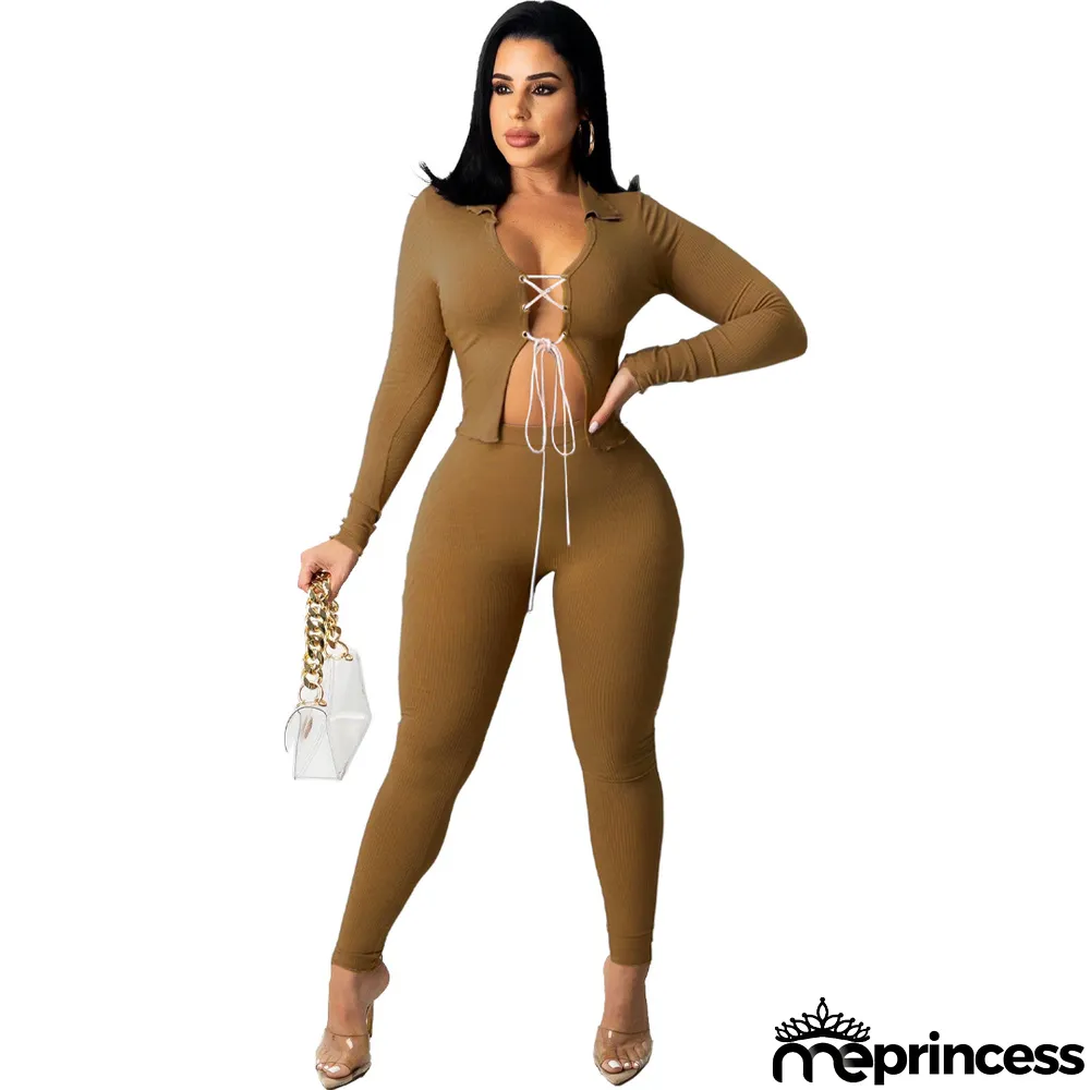 Solid Long Sleeve Lace-Up Two Piece Pants Set