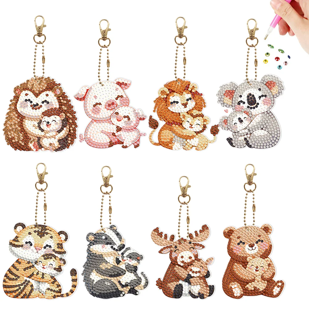 8Pcs Big Small Animals Double-Sided Special Shaped Diamond Painting Art Keychain