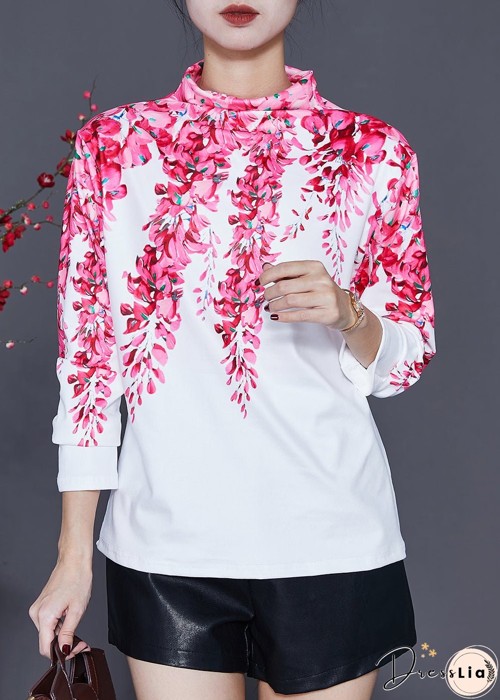 White Cotton Shirt Turtle Neck Floral Print Spring