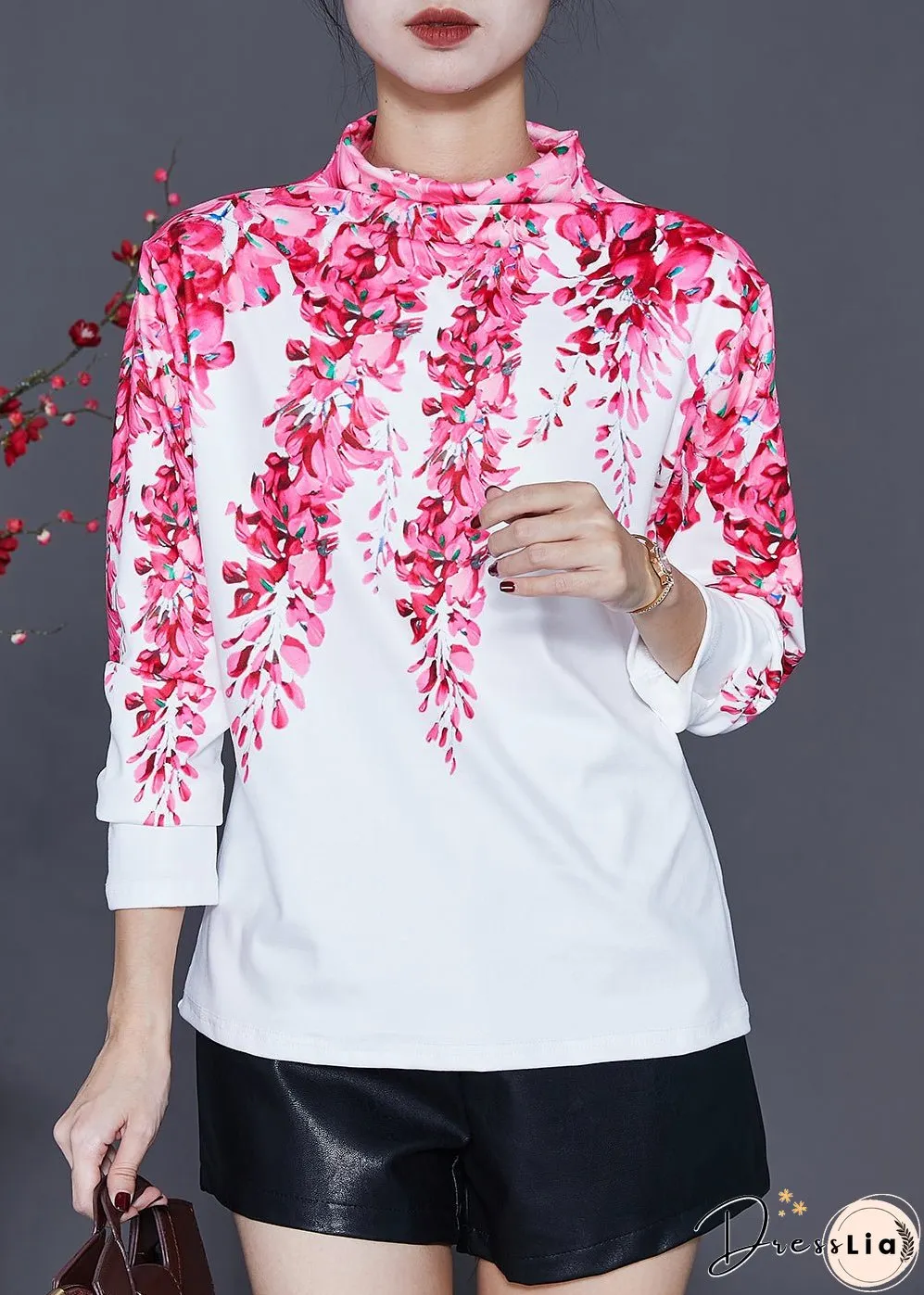 White Cotton Shirt Turtle Neck Floral Print Spring