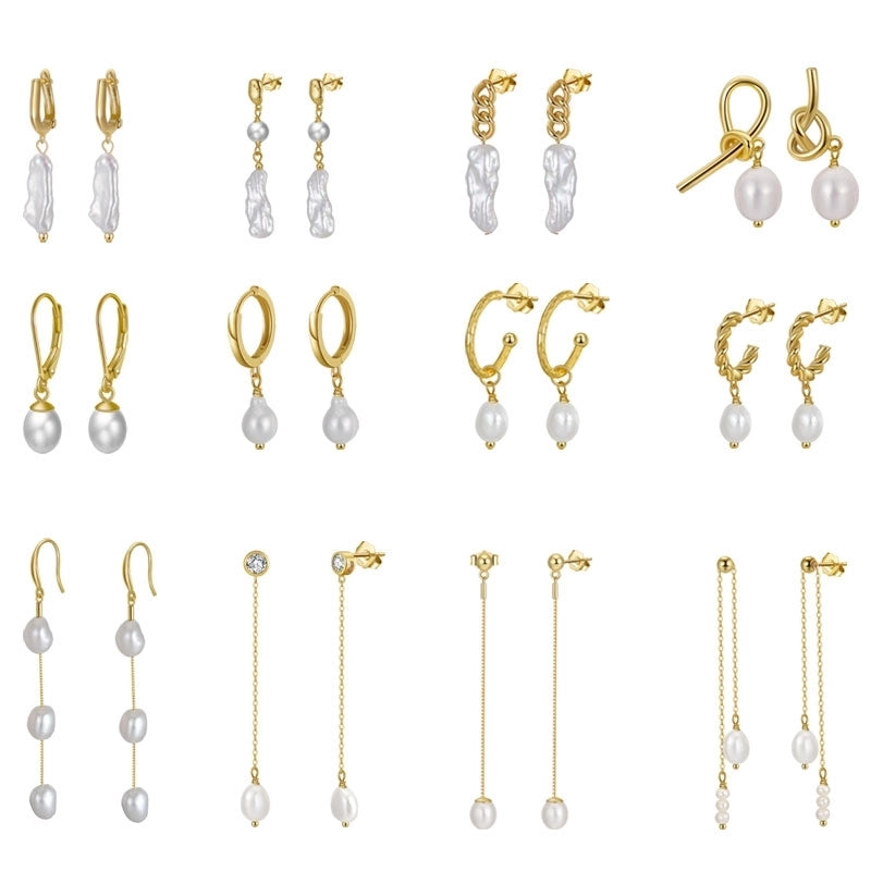 14K Gold Plated White Gold Plated Silver Plated 925 Sterling Silver Silver Pearl Geometric Drop Earrings EARRINGS