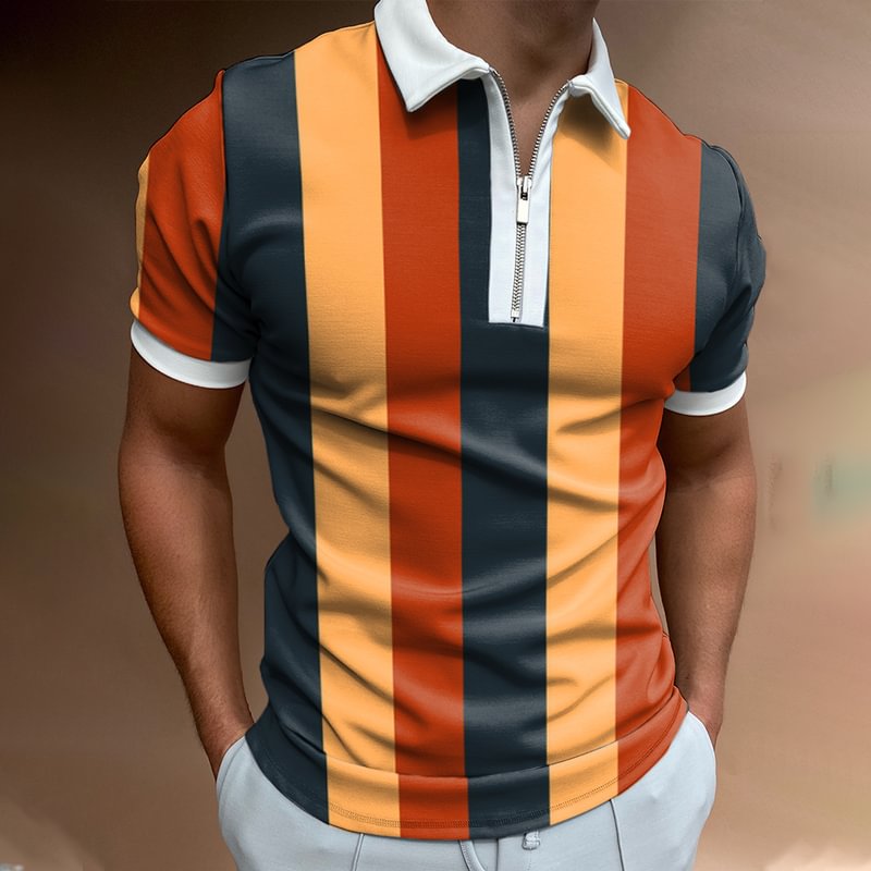 Striped Color Block Short-sleeved Polo Shirt-Compassnice®