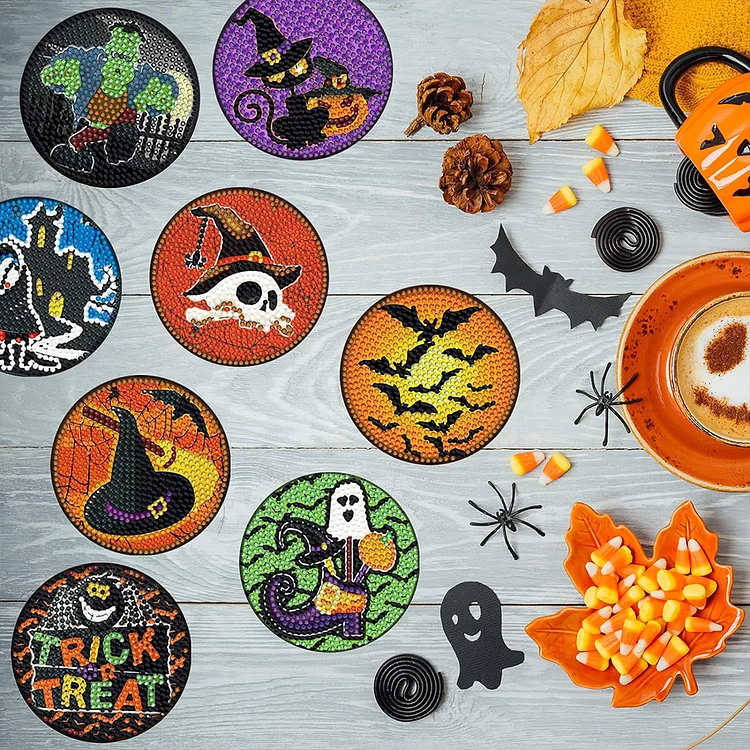 8PCS Diamond Painting Coasters Kits Halloween Pattern Full Drill