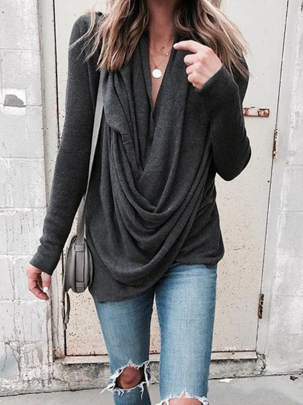 Cowl Neck Asymmetric Hem Pleated Bodice T-Shirts