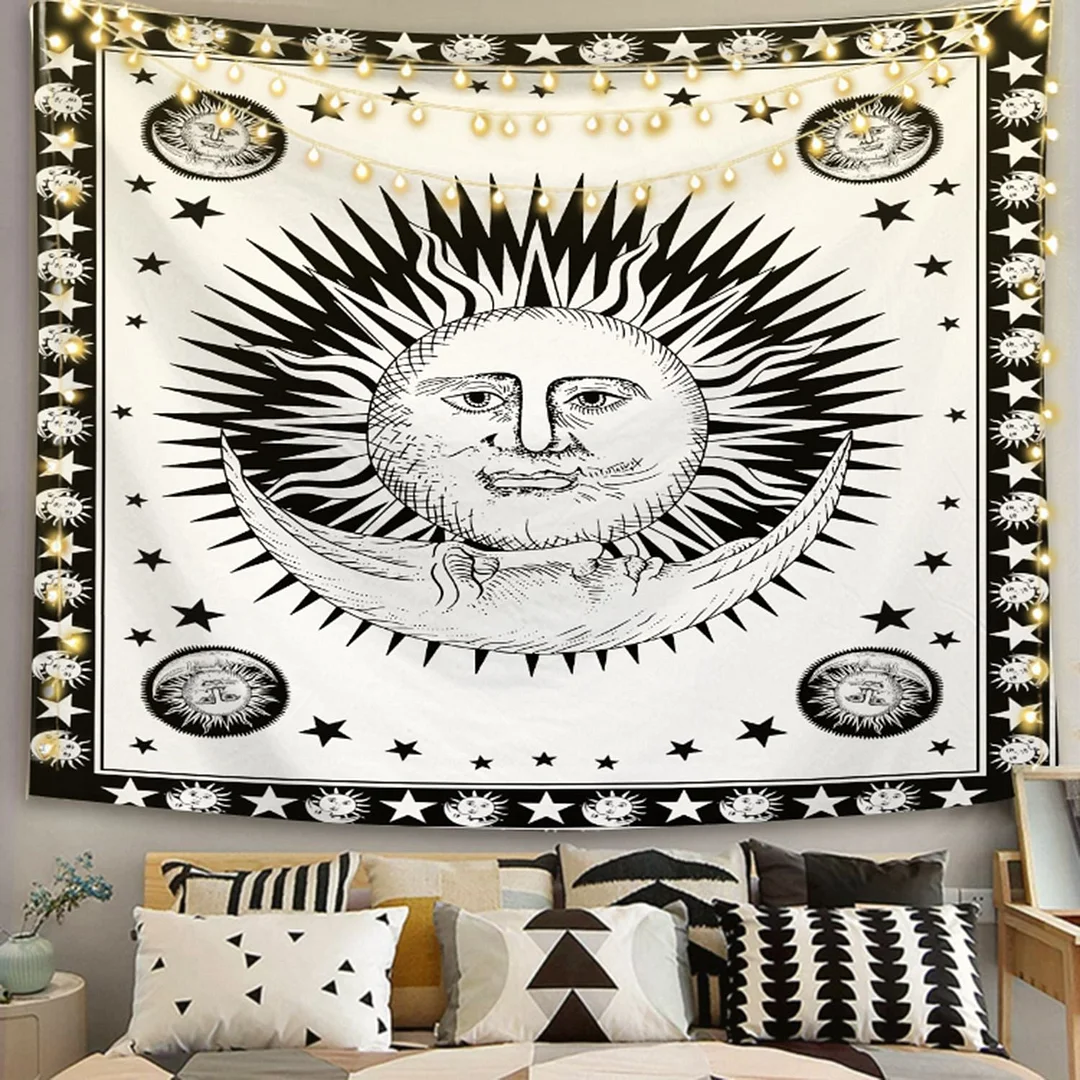 White Black Sun and Moon Tapestry Wall Hanging Witchcraft Psychedelic Tapestries Boho Hippie Wall Rugs Dorm Decor Beach Blanket