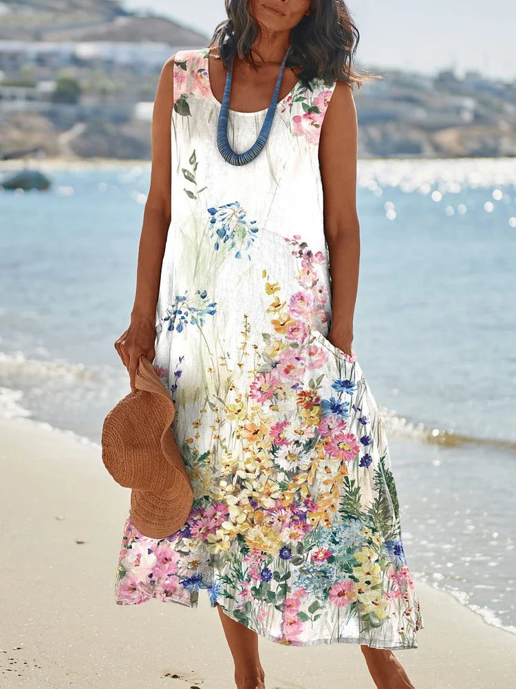 Womens Wild Flower Print Pocket Pinafore Linen Dress
