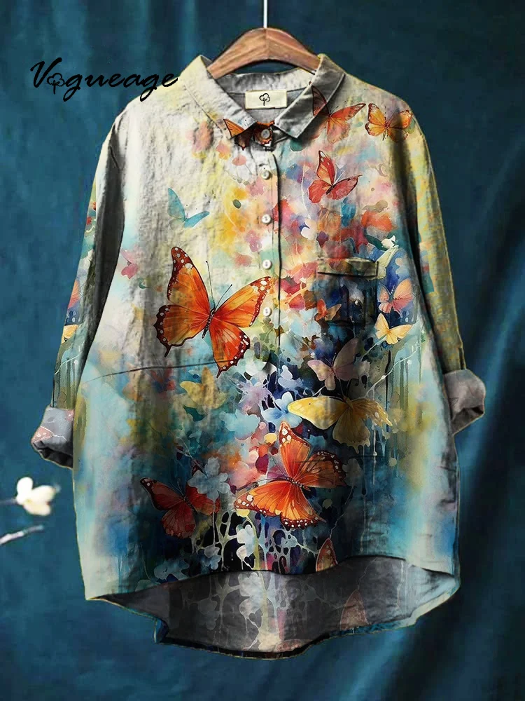 Elegant And Gorgeous Comfortable Butterfly Printed Cotton And Linen Shirt