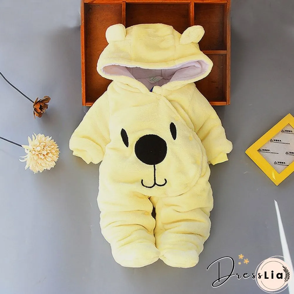 Newborn Baby Girl Boy Solid Color Cartoon Bear Velvet Hooded Jumpsuit Winter Warm Thick