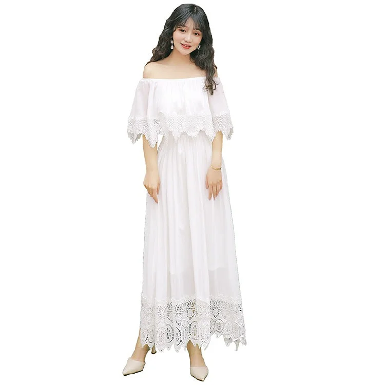 White Cottagecore Vacation Dress Summer Boat Neck Off-the-Shoulder Lace Holiday Irregular White Dress