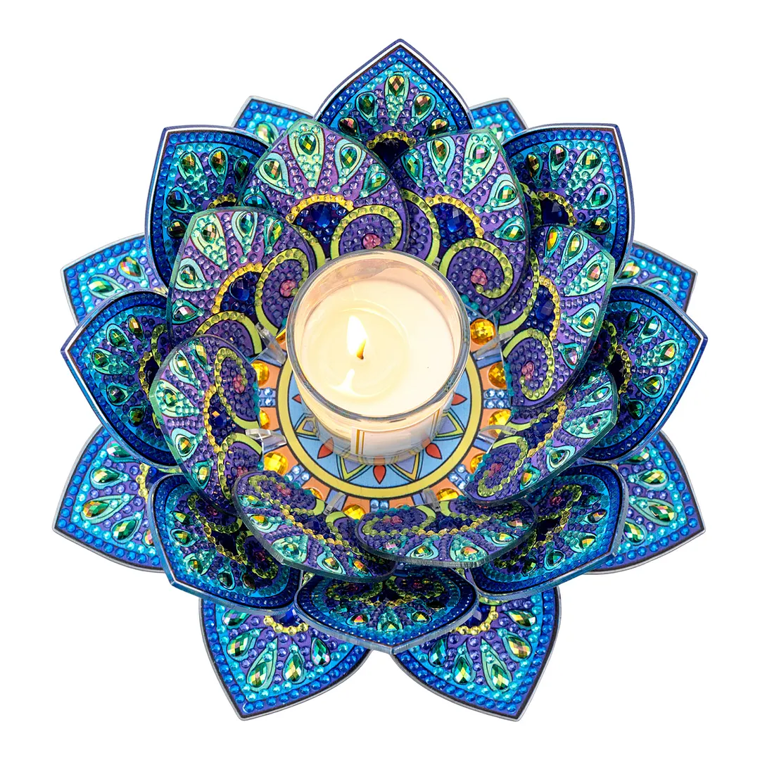 5D DIY Diamond Art Painting DIY Acrylic Desktop Ornament Flower Candle Holders Tealight Handmade Home Office Decor for Adults Beginners (Blue Lotus-A)