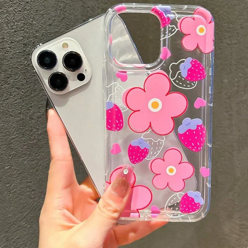 Aonga Flower Summer Pink Floral Phone Case For iPhone 16 15 14 13 12 11 Pro Max XS Max XR SE 2020 2022 7 8 Plus Airbag Anti-Drop Cover aonga