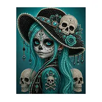 Teal Sugar Skull Woman - Pearls Painting
