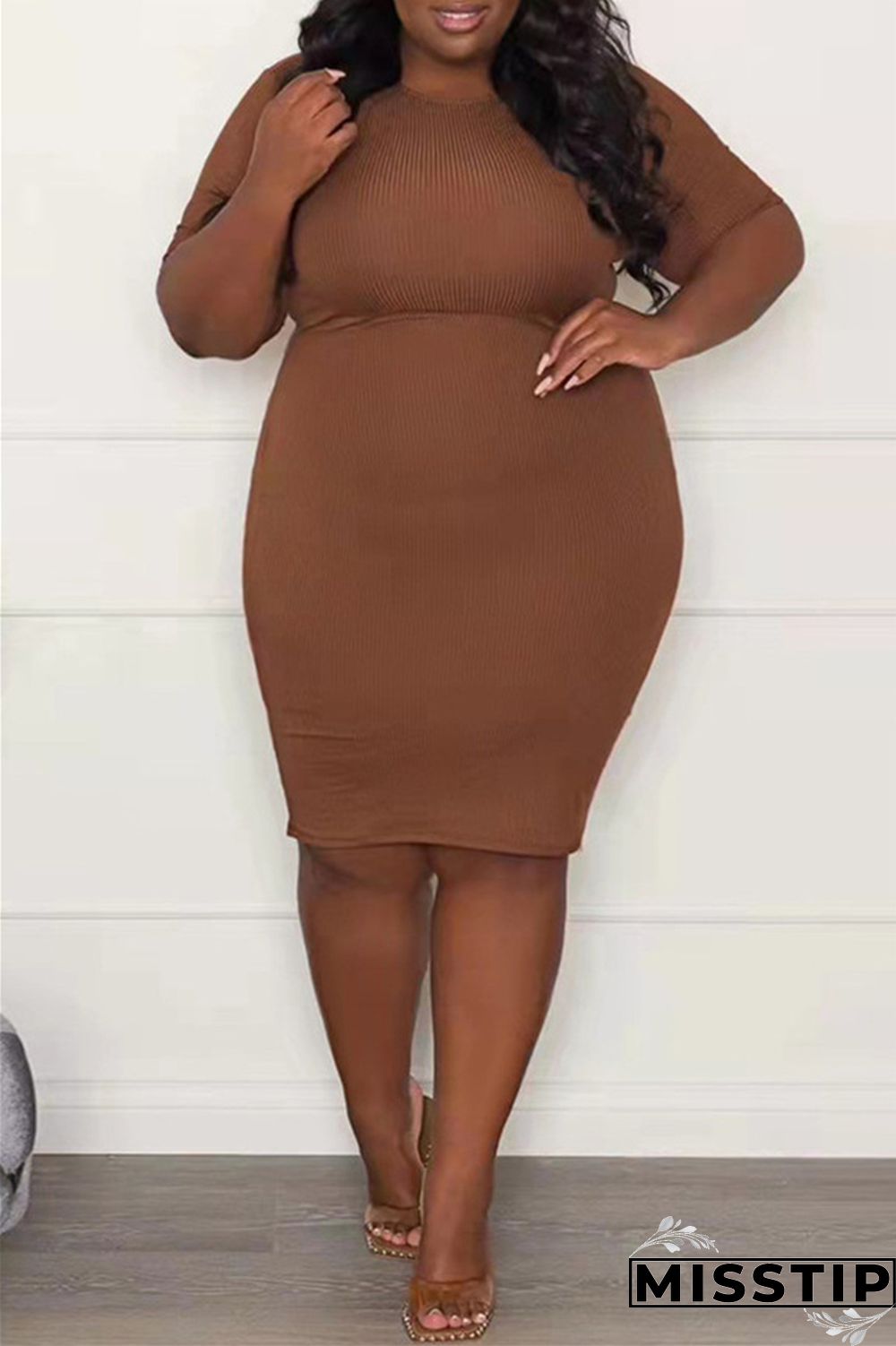 Black Fashion Casual Plus Size Solid Basic O Neck Short Sleeve Dress
