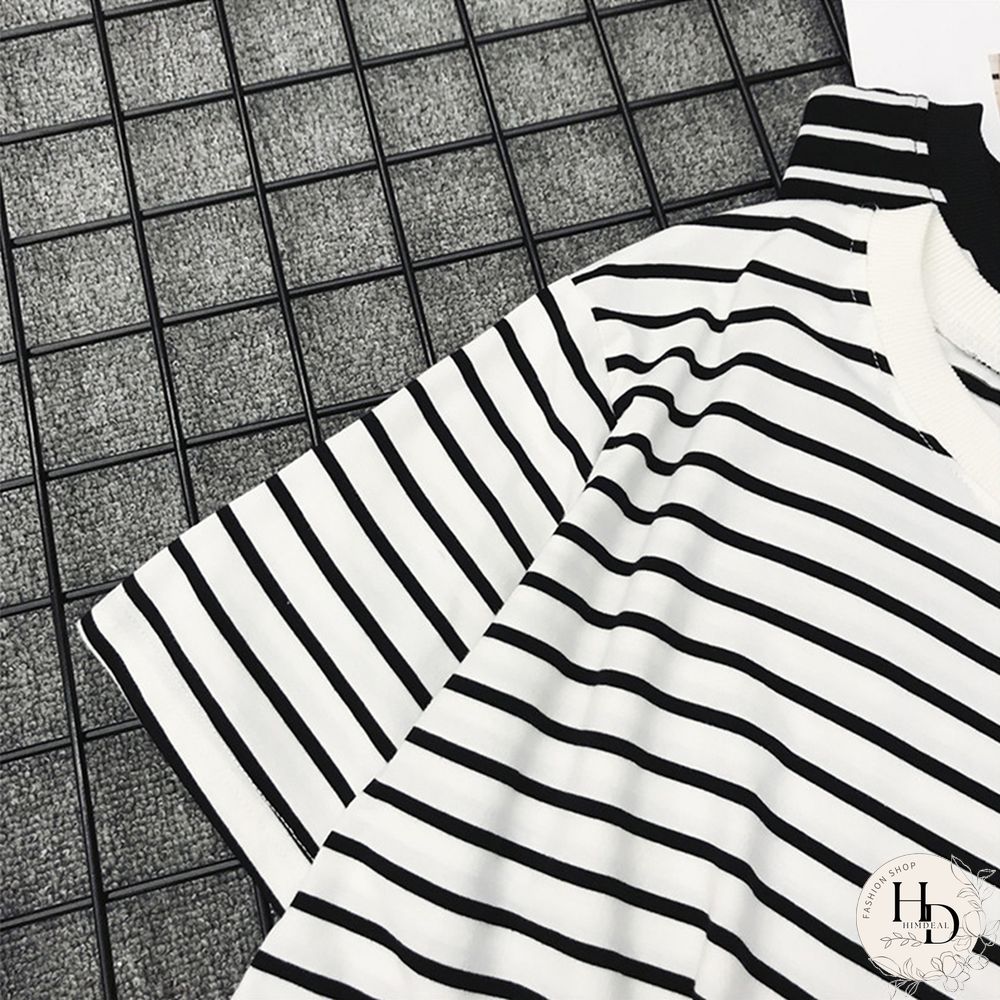 Womens Short Sleeve Shirt Classic Black & White Striped Loose Casual topper Harajuku