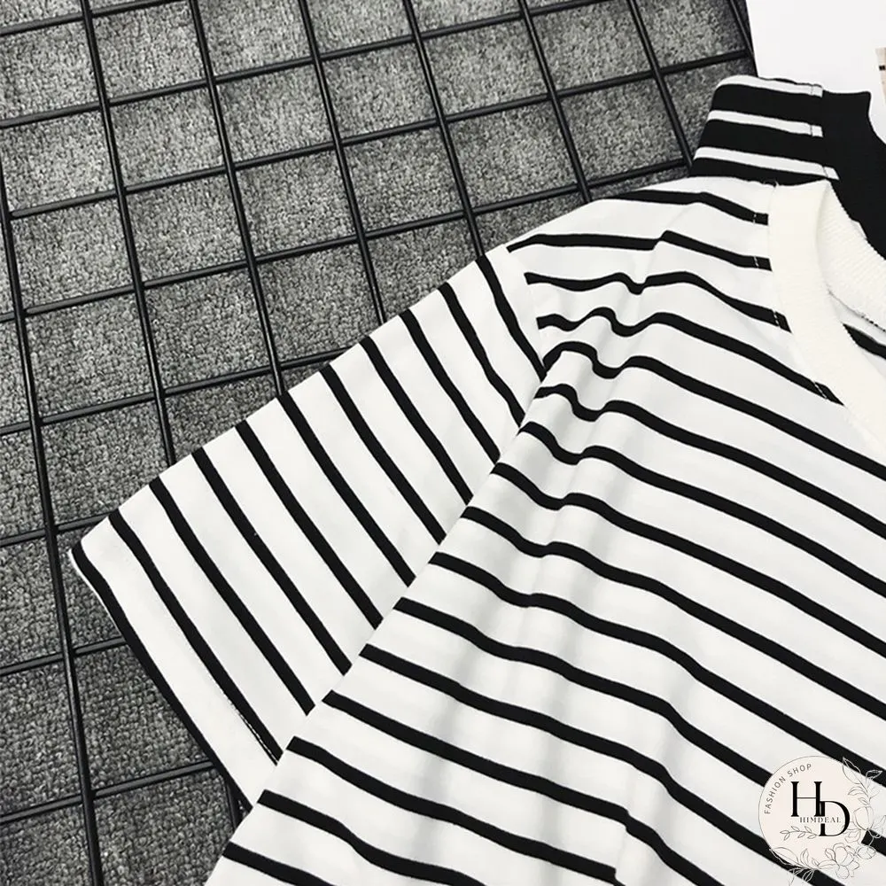 Womens Short Sleeve Shirt Classic Black & White Striped Loose Casual topper Harajuku