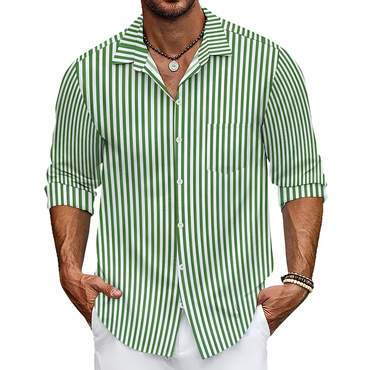 Men Shirt Green Stripe Checkered Loose Casual Collar Trendy Jacket Shirt
