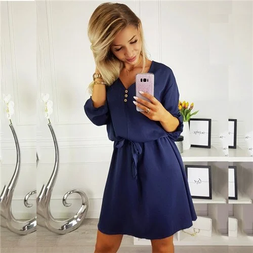 ELSVIOS New Summer Sexy V neck mini dress women 2019 spring solid Three Quarter Sleeve Solid Sashes Dress Ladies party dresses