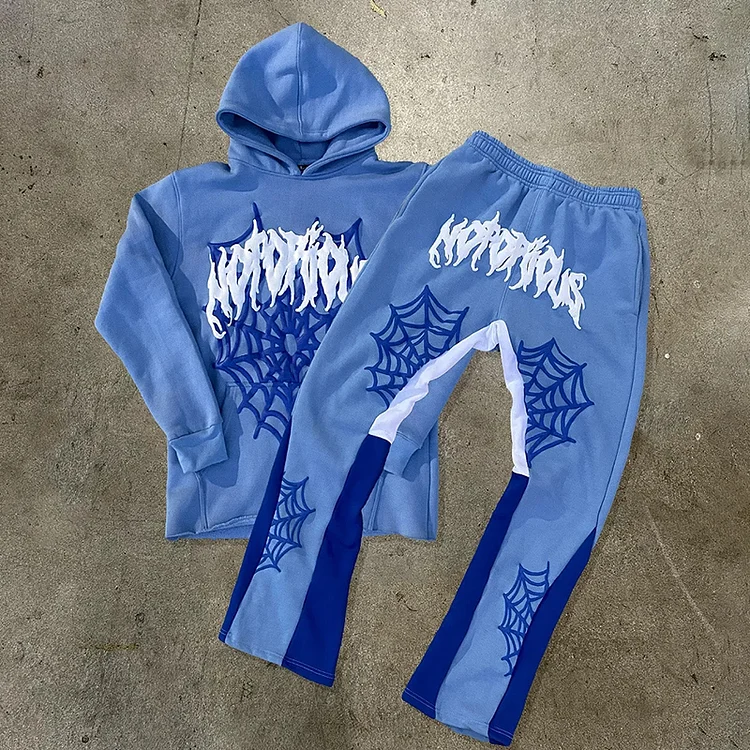 Y2k Spider Web Graphic Pullover Hoodie & Flared Sweatpants