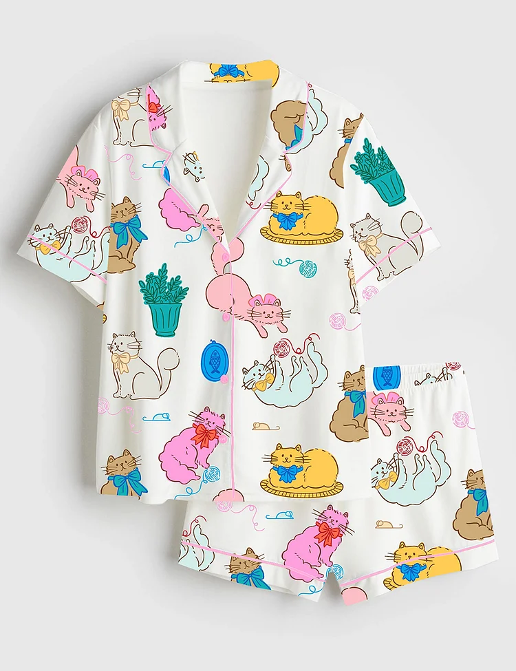 Women&rsquo;s Colorful Cat With A Bow Playing With Balls Of Yarn And Potted Plant Short Sleeve Satin Pajama Set