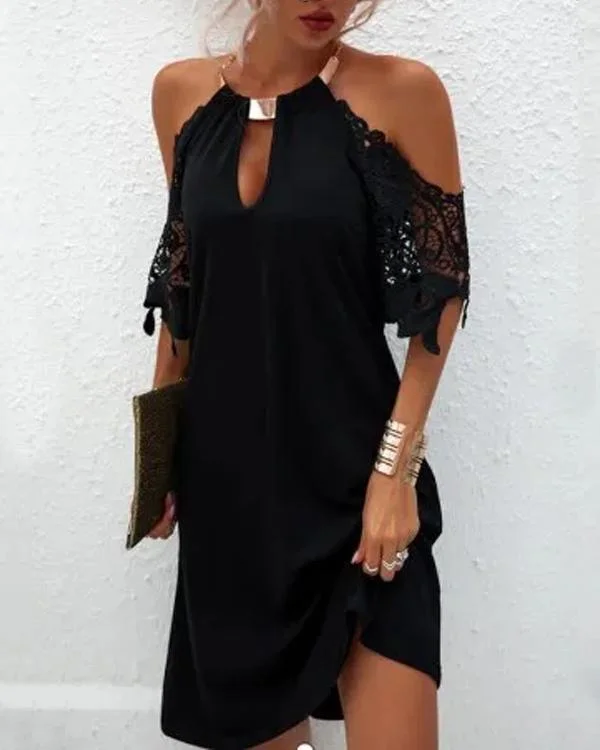 Metal Hanging Neck Hollow Out Sleeve Dress
