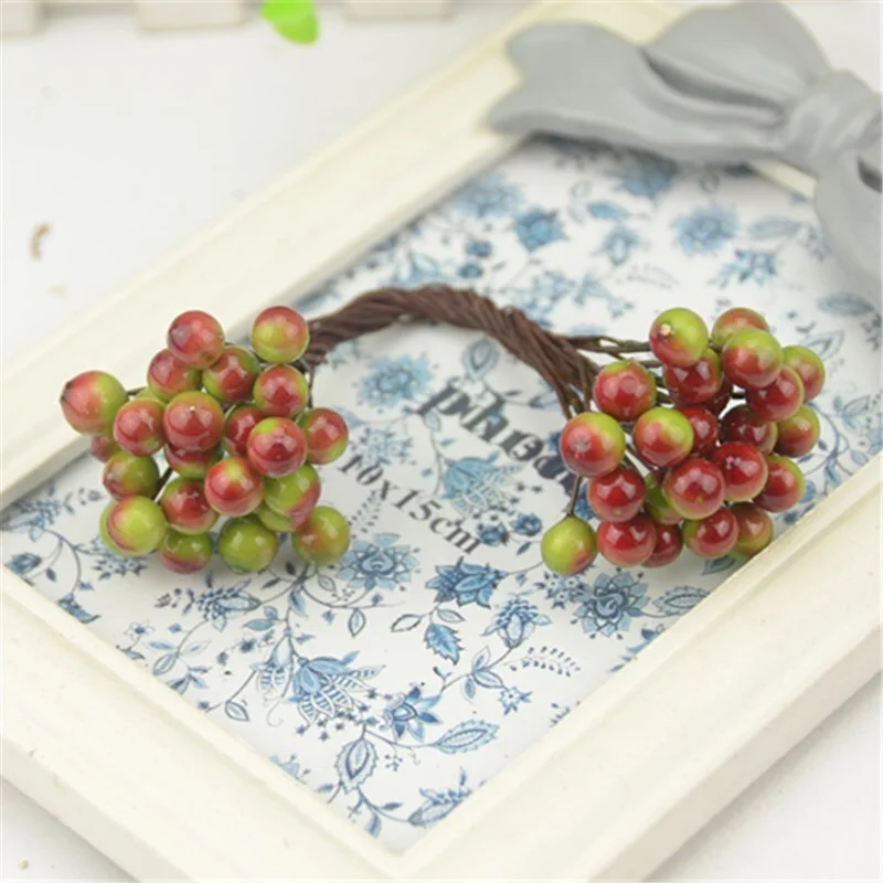 25pcs/50 Heads 0.7cm Mini Fake Fruit Small Double heads Berries Artificial Flower cherry Stamen Wedding Christmas Decorative