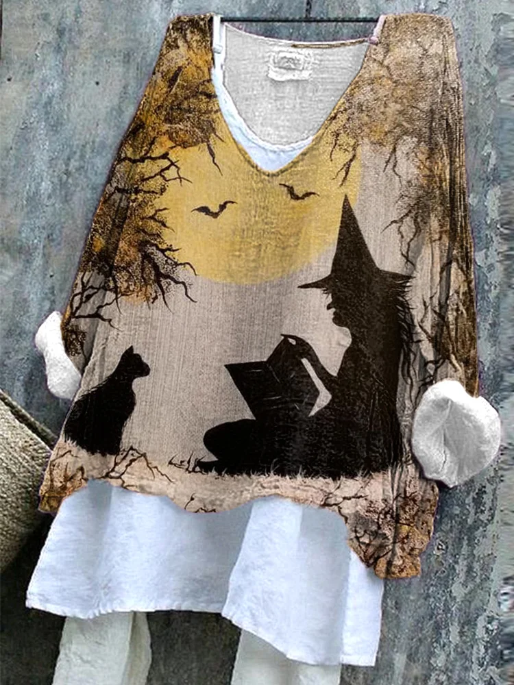 Women's Halloween Witch Night Pattern Linen Blend Shirt