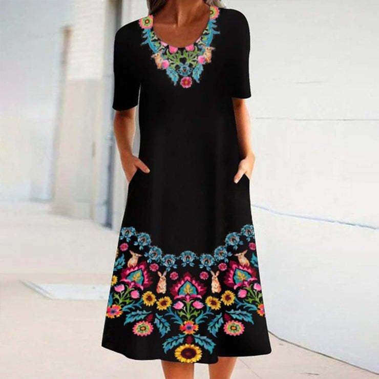 Chic Black Print Side Pockets Midi Dress