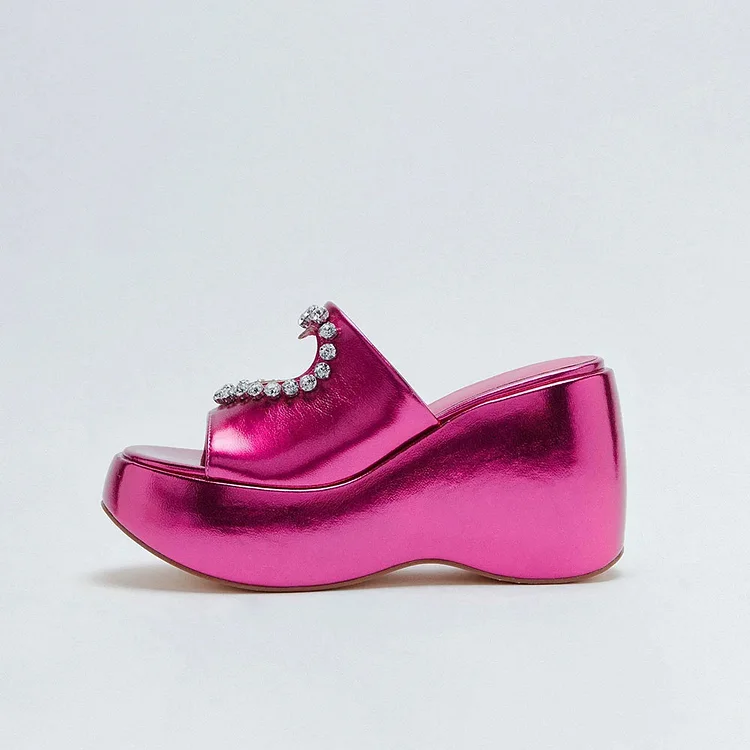 Hot Pink Metallic Heart-Shaped Cutout Rhinestone Platform Mules |FSJ Shoes