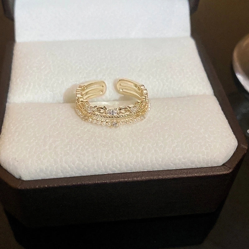 Sweet Flower Metal Plating Inlay Pearl Zircon Gold Plated Women’s Open Ring
