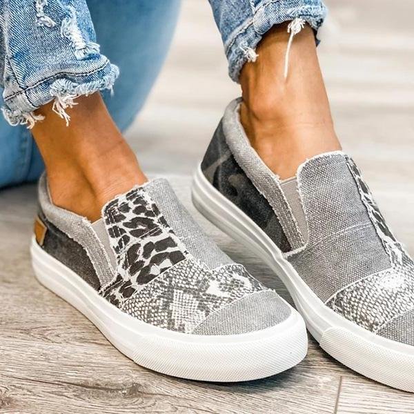 Pieced Raw Edge Animal Print Canvas Slip-On Flats -loafers