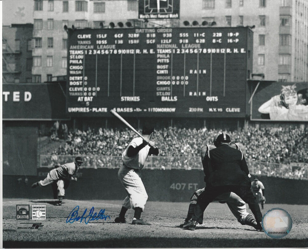 Indians Bob Feller autographed 8x10 Photo Poster painting pitching to NYY Joe DiMaggio