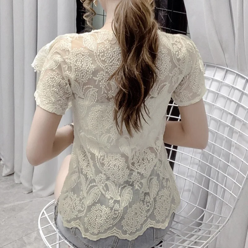 Tlbang Lace Ruffle Stitching Blouse Women V-neck 2023 Summer New Short Sleeve Tops Crochet Mesh New Chiffon Shirt Blusas 14174