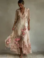 Boho Pink Roses Lace Trim Flowy Linen Maxi Dress