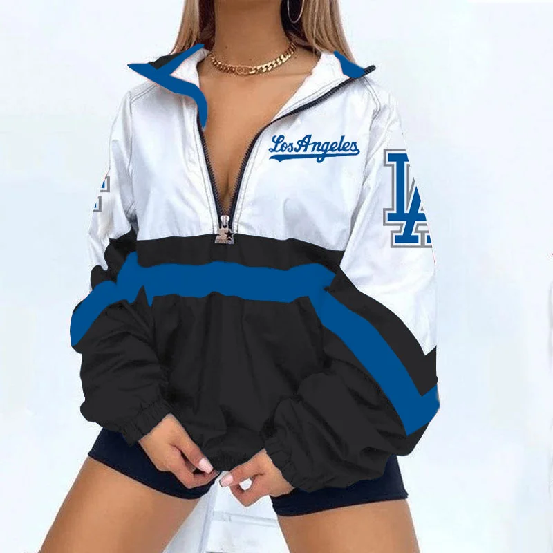Women's Support Los Angeles Dodgers Baseball Print V Neck Zipper Sweatshirt Jacket