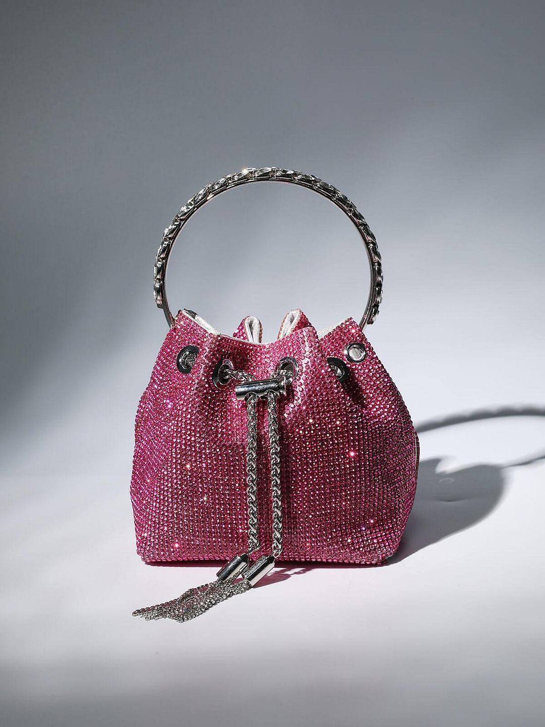 Mattea Crystal Embellished Bucket Bag In Hot Pink