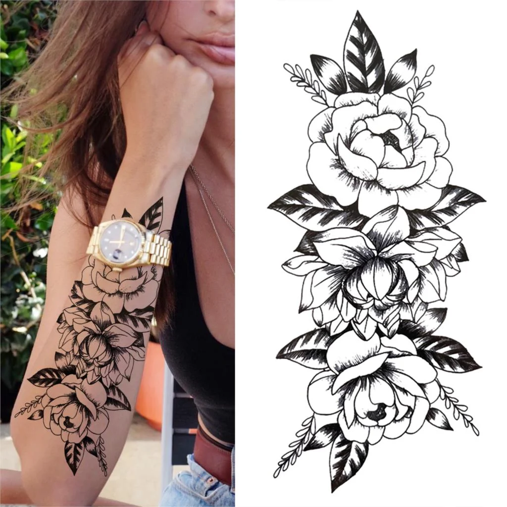 Lotus Flower Temporary Tattoo For Women Girls Snake Peony Lily Rose Chains Tattoos Sticker Black Blossom Fake Transferable Tatoo