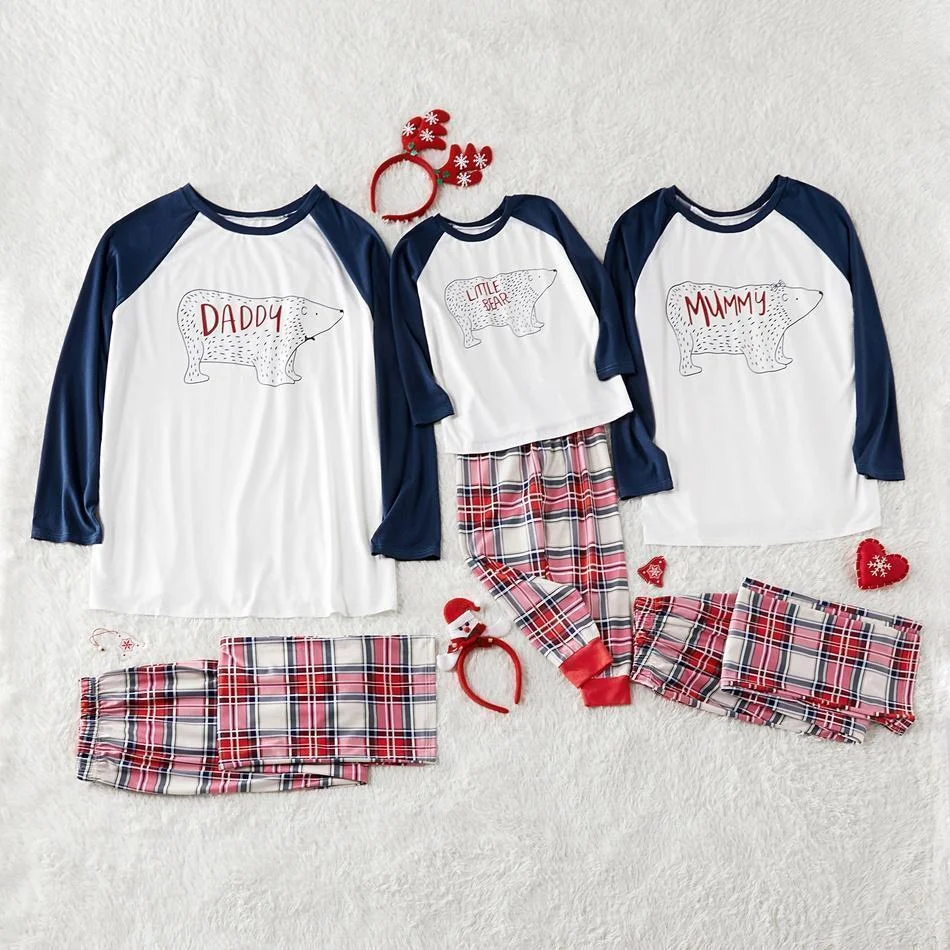 Little Bear Print Top and Plaid Pants Family Matching Pajamas Set