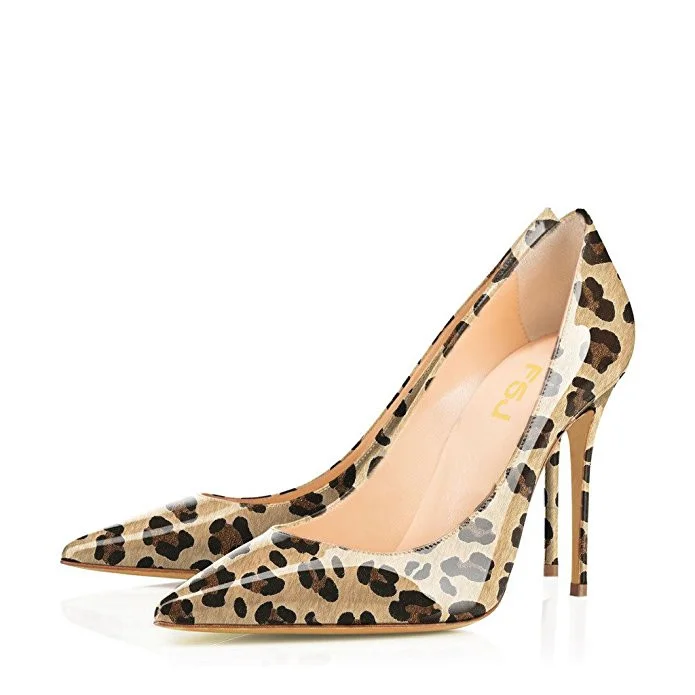 Women's Brown Patent Leather Low Cut Upper Pointy Toe Leopard Print Heels Pumps |FSJ Shoes