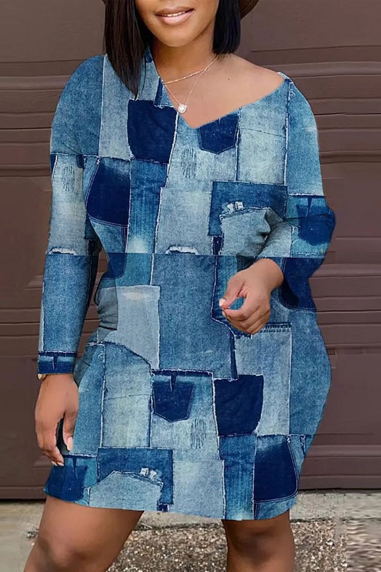 Xpluswear Plus Size Casual Blue Print Patchwork V Neck Long Sleeves Mini Dress