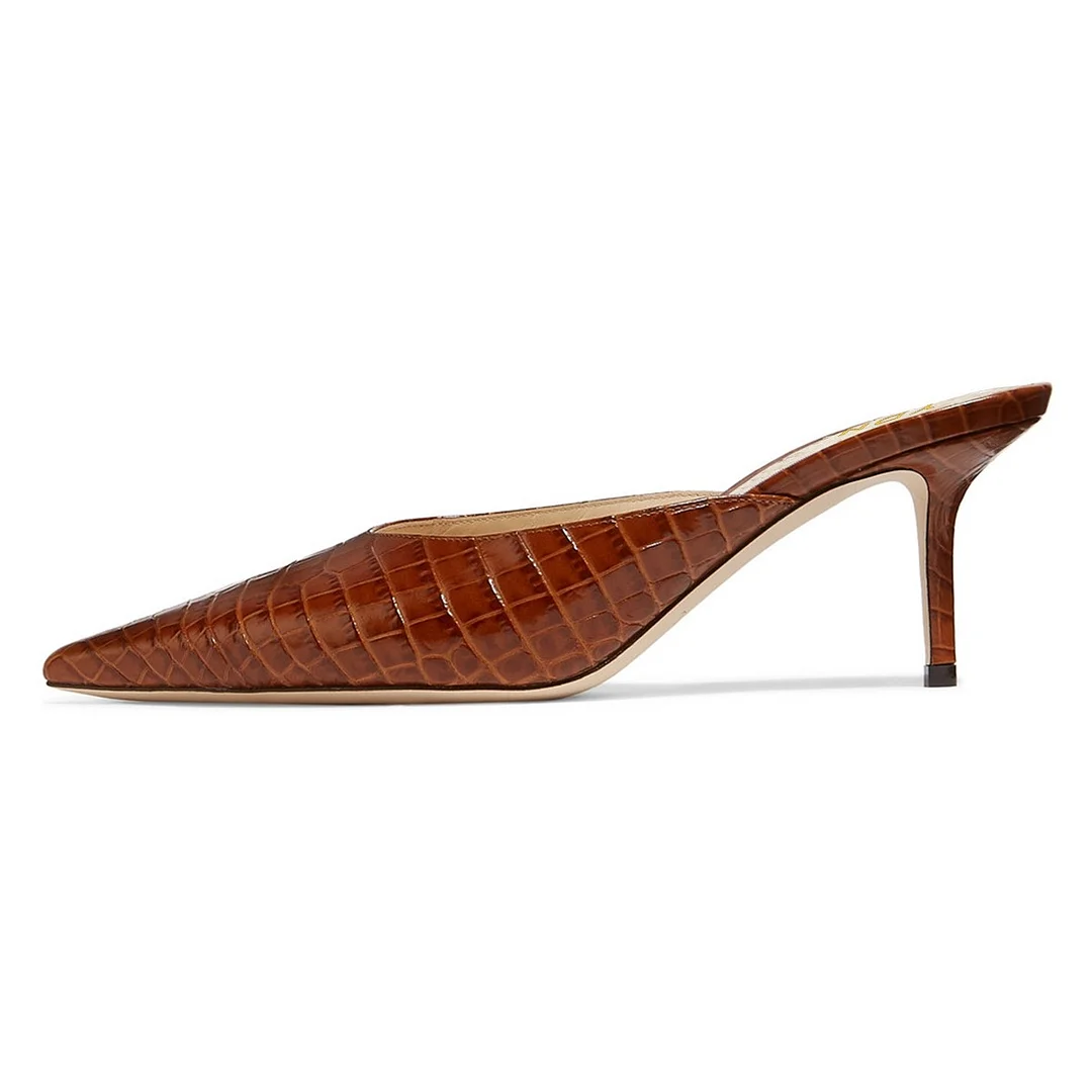 YDN Brown Pointed Toe Crocodile Embossed Stiletto Heeled Mules