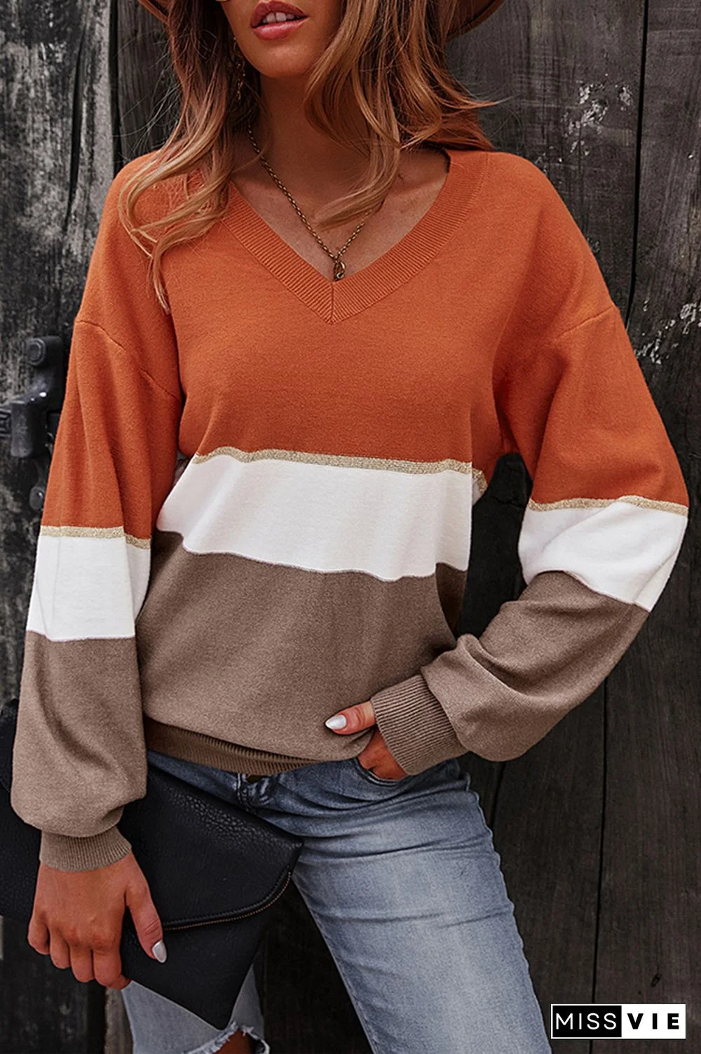 Casual Patchwork  Contrast V Neck Tops
