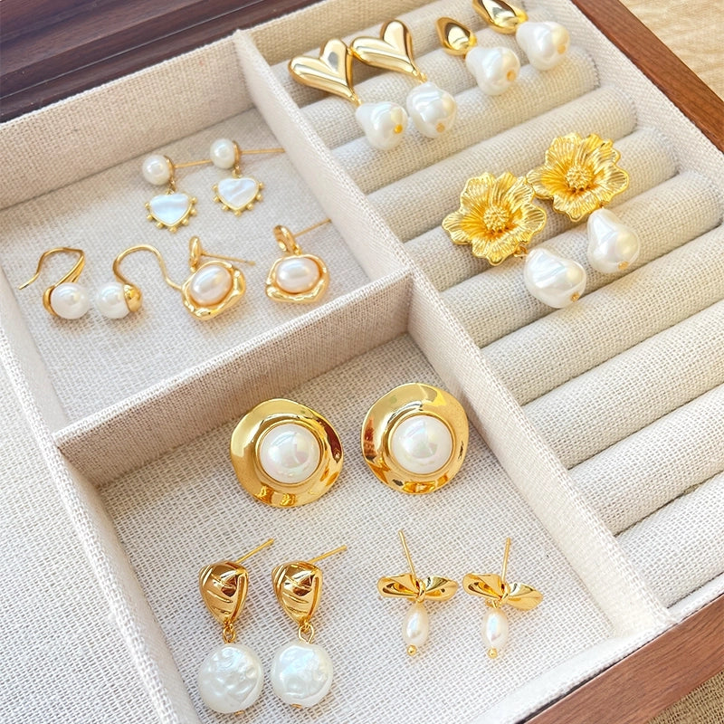 1 Piece Vintage Style Lady Wedding Pearl Inlay Copper Artificial Pearls 18K Gold Plated Drop Earrings