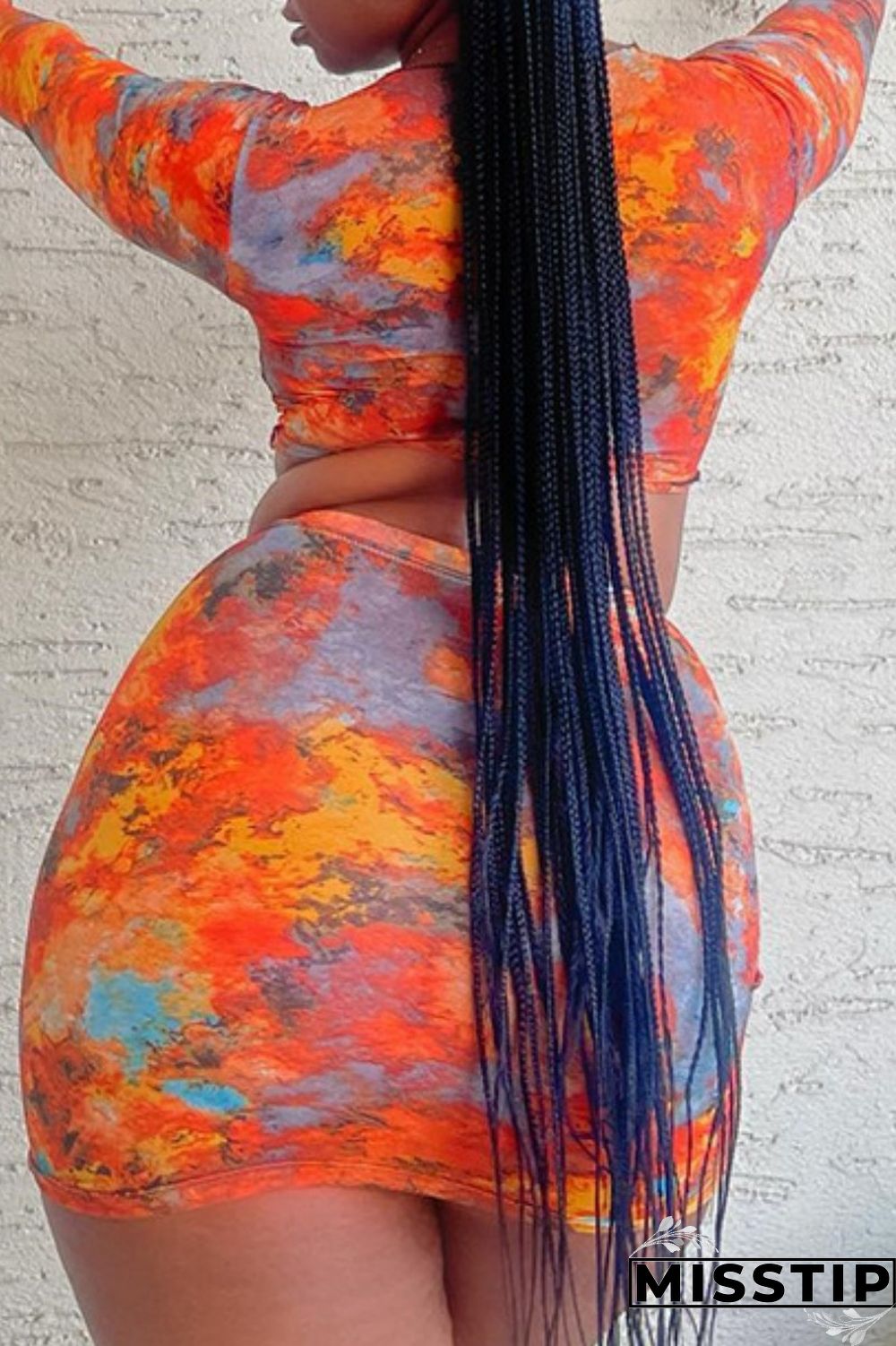 Orange Sexy Print Bandage V Neck Long Sleeve Two Pieces